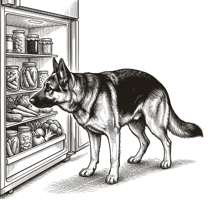 Engraving: Klaus inspecting a low fridge shelf