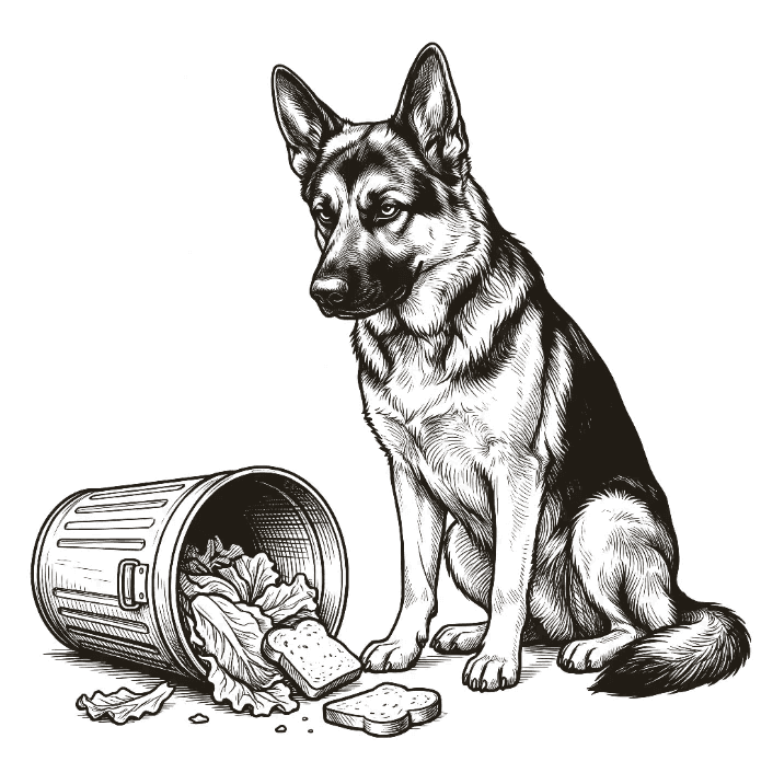 Engraving: Klaus beside a tipped-over trash can