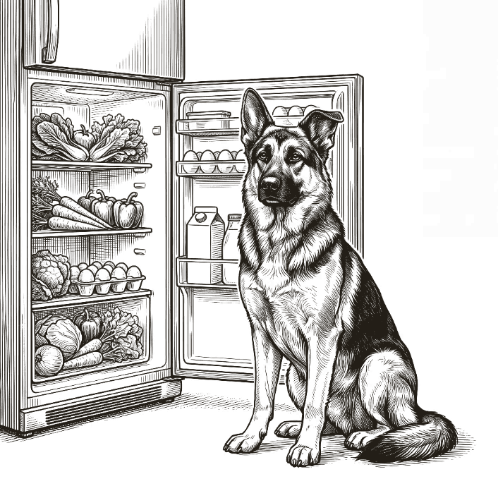 Engraving of Klaus, a German Shepherd, guarding an open refrigerator